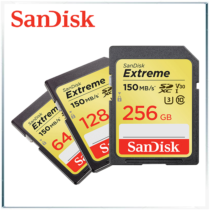Sandisk Extreme SDHC SDXC UHS-I SD 카드 64 기가바이트 카메라 명함 128 기가바이트 메모리 카드 256 기가바이트 플래시 카드 C10 U3 V30 150 메가바이트/초